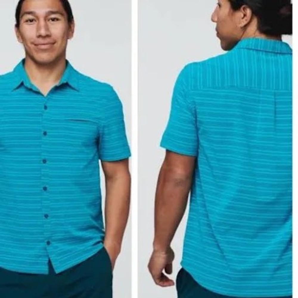 Cotopaxi Cambi Teal Blue Striped Short Sleeve‎ Button Down Shirt Size M Stretch